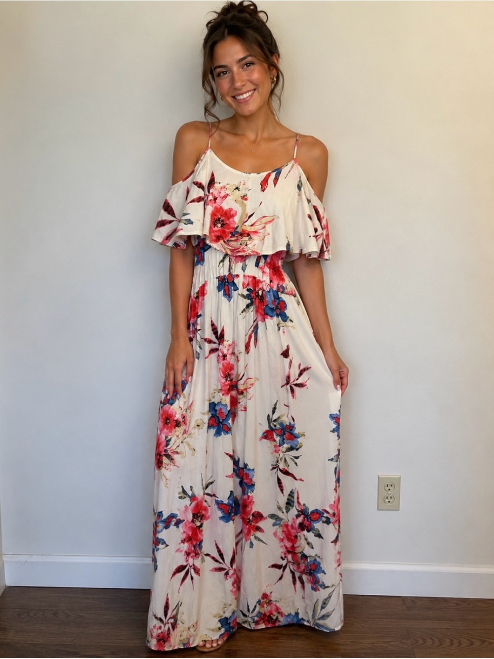 New Du Jour White Floral Maxi Dress with Pink & Blue Flowers - From Turkey
